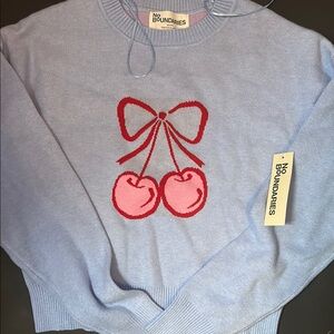 No Boundaries Blue Sweater with Cherry Motif